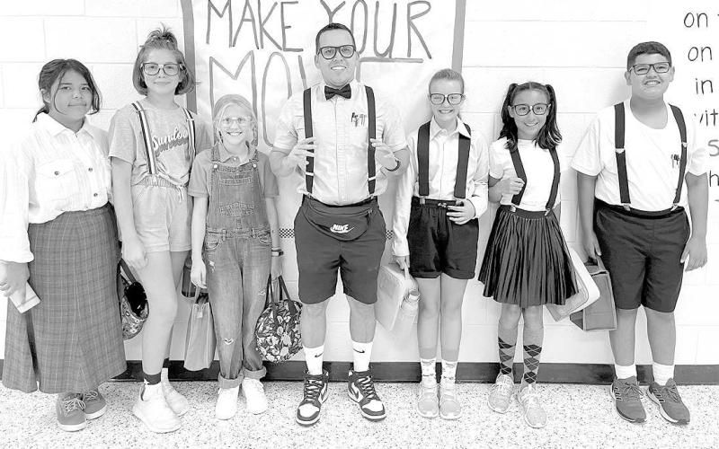 SUNDOWN SPIRIT DAYS– Sundown ISD celebrated Homecoming Week with Spirit Day events. Thursday’s theme was Mathletes vs. Athletes with the sixth grade Mathletes taking the win. Pictured from the left are the winning Mathletes: Elena Lujan, Lilly Reaves, Karter Hord, Sundown Middle School Principal Miguel Salazar, Braxie Albus, Elizah Lopez and Zane Perez. (Submitted Photo)