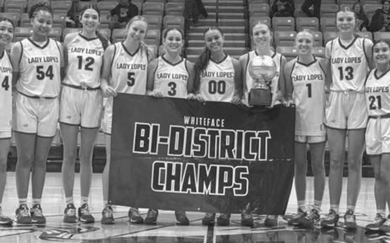 BI-DISTRICT CHAMPS - The Whiteface Lady Lopes won in their first round of playoffs after beating the Iraan Lady Braves at Andrews High School. Pictured above is the team Anais Soliz, Tymmyah Olenga, Abi Soliz, Jaedyn Rector, Kambry Sanders, Lainey Sanders, Hannah Blankenship, Emily Blankenship, Kami Nunn and Kaylee Gonzalez. (Photo courtesy of Holly Crutcher)