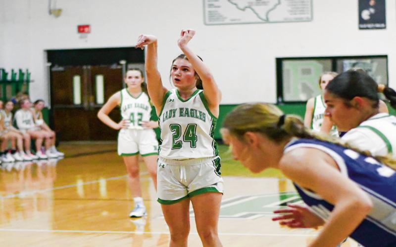LESTER AT THE LINE - Ropes sophomore Rylie Lester shoots a free throw for the Lady Eagles during their basketball game against Olton this past Tuesday at Ropes High School. Lester would finish with a stat line of five points, four rebounds, one assist and one steal. (Staff photo by Jentezen Smith).