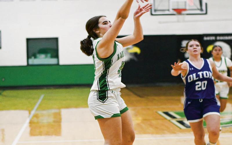 JUMP SHOT - Ropes sophomore Ella Lehnen shoots a jump shot during the Lady Eagles basketball game against Olton this past Tuesday at Ropes High School. Lehnen would finish with four points, one rebound and one assist. (Staff photo by Jentezen Smith)