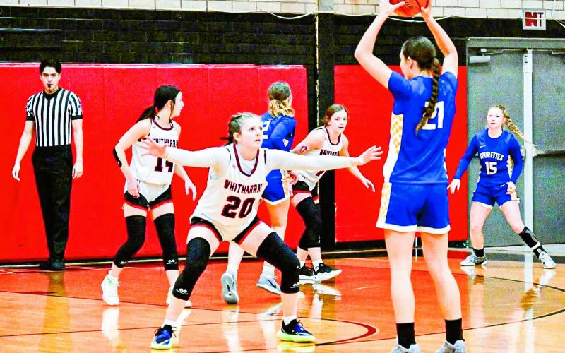 “D” UP - Whitharral junior Rylee Kristinek guards the opposing player with the ball while her Lady Panthers teammates shore up their defense behind her during their game against Spur this past Tuesday night at Whitharral High School. (Photo provided by Jamie Will Kristinek Facebook)
