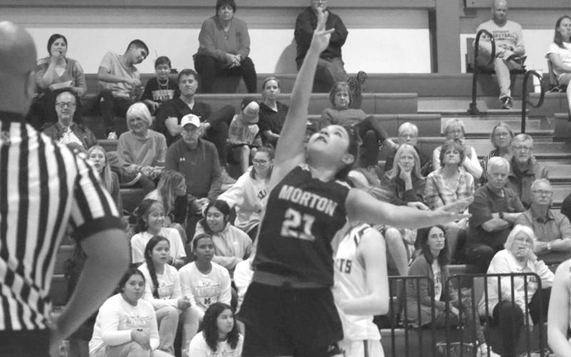 LAY-UP - Morton Maiden Aerieana Rodriguez layed the ball up during the teams contest last Monday. They will rematch against All-Satints this Tuesday at home at 6:15 P.M. (Staff photo by Aalijah Soliz)