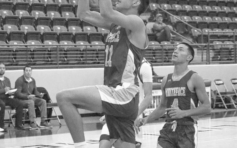 FAST BREAK - Whiteface Antelope Cesar Chavez layed the ball up after a pass from Jeremiah Rendon during the team’s tournament game against Farwell in Littlefield. (Staff photo by Aalijah Soliz)