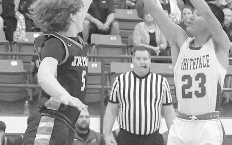 THREE- Jeremiah Rendon had eight points for the Whiteface Antelopes in a 70-33 UIL Boys’ High School Basketball Regional Quarterfinal loss to the no. 2 ranked Jayton Jaybirds last Tuesday at Frenship High School in Wolfforth. The Antelopes finished their season at 24-6. (Photo Courtesy of Jay Kelley)