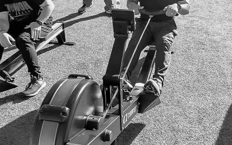- The Levelland Police Department conducted their bi-annual fitness exam test Monday morning at Lobo Stadium. Pictured is Police Chief Albert Garcia testing on the row machine. The department put in place a fitness program in recent years to monitor and gage the health of its department personnel. Chief Garcia has explained in the past that the physical and mental health are equally important for his department with the demands of the job. (Photo courtesy of Mateo Lopez)