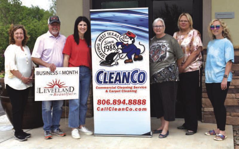 JUNE BUSINESS OF THE MONTH- Keep Levelland Beautiful recongnition for business of the month goes to Clean Co for the month of June. Clean Co. is located at 107 N. Ave H in Levelland. Pictured from left to right are: Tammy Franklin, business owner Kurt Martin, Kassi Keeling, Donna Wheeler, Kelly Hancock and Kati Moody (Staff photo by Emily Campos)