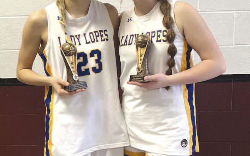 TOURNEY STANDOUT- The Whiteface Lady Lopes Allison Martha and Emma Ayers were named to the All-Tournament team at the Eula/ Clyde Holiday Classic Basketball Tournament over the New Years’ Weekend. The Lady Lopes went 3-1 and took second place. The Lady Lopes host Whitharral on Jan. 10 for a 6:30 p.m. game. (Photo Courtesy of Amy Ayers)
