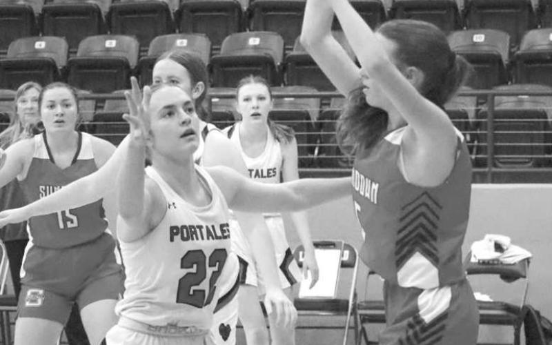 INBOUND - Sundown Roughette Camry Jourden passed the ball to her teammates during the teams first game of the Littlefield Tournament against the Portales Lady Rams where the team fell 66-33. (Staff photo by Aalijah Soliz)
