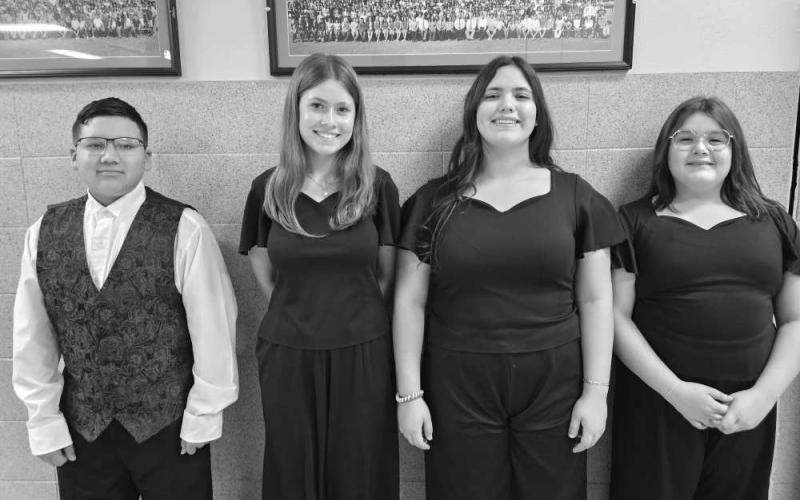 REGION CHOIR MEMBERS - Levelland Middle School Choir students Alberto Barrera, M.J. Niederhauesr, Paula Castellanos and Zaraline Rodriguez sang in the middle School Region Choir last week competed in the Region Contest last week . Choir Director Joshua Ballard said, ‘At the end of the day they performed an awesome concert.” (Photo submitted by Cristal Isaacks)