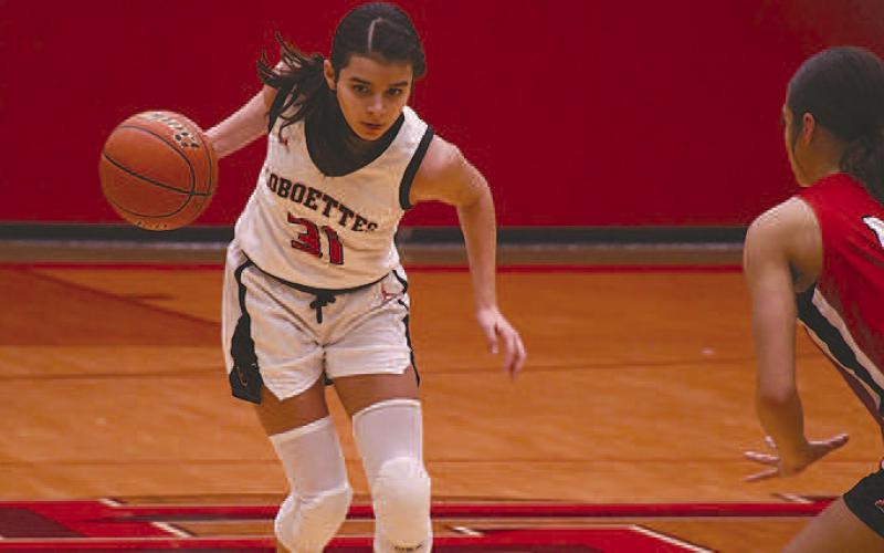 OFFENSE SET UP- The fifth ranked Levelland Loboettes rolled out the welcome mat for the 15th ranked Tacosa Lady Rebels Friday. Loboette Leilani Sanchez set up the offense as she stared at a Tascosa defender. (Staff Photo by Dom Puente)