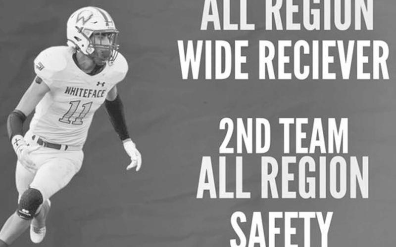 Whiteface Antelope Jeremias Chavez earned himself 1st Team All-Region Wide Receiver and 2nd Team Safety due to his great play on the field during this past football season. He helped his team earn an 11-1 record this past year with the teams only loss coming from the Borden County Coyotes in the second round of playoffs in Slaton. (Photo courtesy of Jay Kelley)
