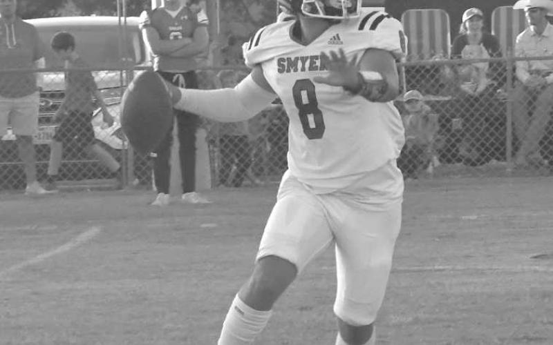 DEEP PASS - Peyton Casillas had a 15-for-30 effort for 207 yards, a touchdown and three interceptions in a 38-6 loss on the road with the Ropes Eagles last Friday in UIL 2A-2 High School Football action. The Bobcats are in New Home next Friday for a 7 p.m. game. (Staff photo by Jay Kelley)