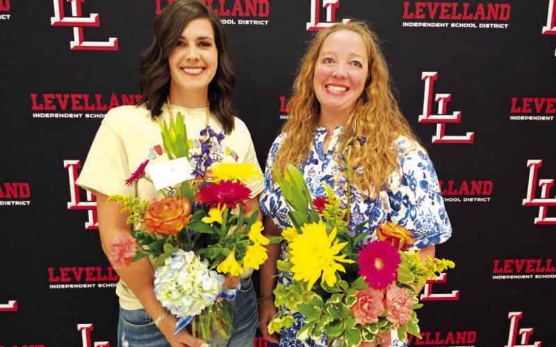 CAMPUS EDUCATORS- Superintendent McCutchen, the LISD Board of Trustees, and Levelland ISD held their annual End-Of-Year Recognition Meeting and awarded many LISD Educators. Campus Educatorsof the year were awarded, and Morgan Combs won the Elementary Teacher of the Year while Merribeth Gregory won the Secondary Teacher of the Year. They will go on to compete at the Region level and perhaps State. (Photo courtesy of Cristal Isaacks)