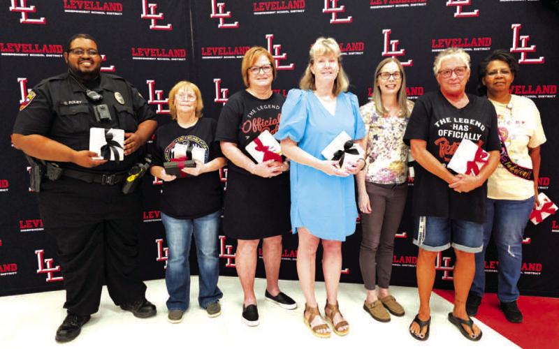 LISD RETIREES- LISD retirees were honored last week during the annual End-Of-Year Recognition Meeting. Pictired from left to right Corey Foley, Angela Wyman, Nelda Munoz, Kelly Kelley, Tracy Barker, Cindy Albright and Norma Childers (Photo courtesy of Cristal Isaacks)