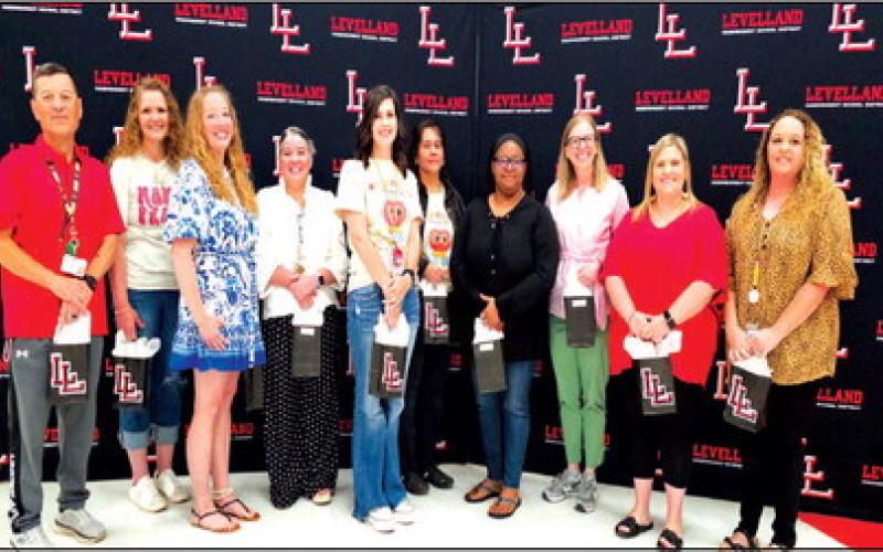 RECONIZED FOR YEARS OF SERVICE- LISD recognized faculty and staff for 10 15, 20, 25, 30, 35 and 40 years of service at the annual End-Of-Year Recognition Meeting. Pictured from left to right John Lopez, Amanda Rodriguez, Merribeth Gregory, Lorina Sanchez, Morgan Combs, Mary Bara, Valerie Dent, Sussan Draper, Whitney Zubriate and Amanda Piercy. ( Photo courtesy of Cristal Issacks)