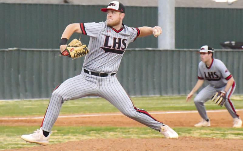 GOT THE WIN- The Levelland Lobo varsity baseball team moved to 13-7 on the season with a 24-3 home win over the Tulia Hornets. Tyler Pemberton got the start on the hill and earned the win. Pemberton in two innings of work he allowed two runs with one earned on a hit, two walks and one strikeout. (Staff Photo by Dom Puente)