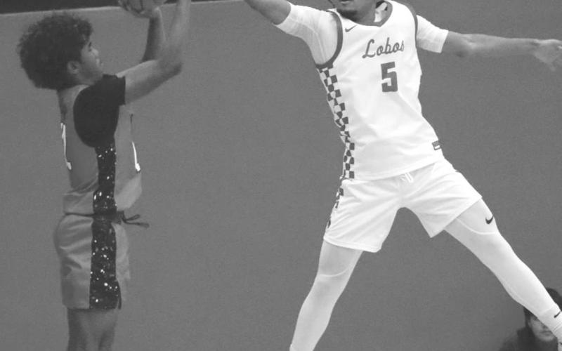 EFFORT - Levelland Lobo Sean Landrum went vertical to block the Brownfield Cub players shot last Friday. (Staff photo by Aalijah Soliz)