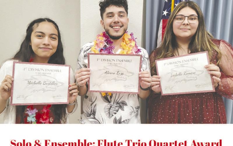 FLUTE TRIO- Levelland High School flute trio qualified for state in division I ensemble. Pictured from left to right are: Michelle Bustillos Alvaro Loza and Isabelle Romero. (Photo Courtesy of Cristal Isaacks)