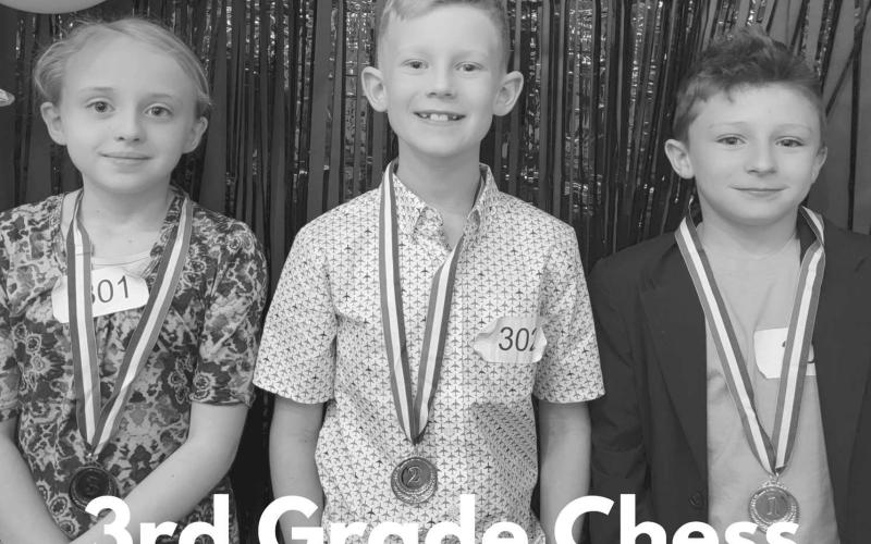 3RD GRADE CHESS WINNERS - 1st place Randol Harrison, 2nd place Morgan Campbell and 3rd place Bethany Burleson. (Photo courtesy of Cristal Isaacks)