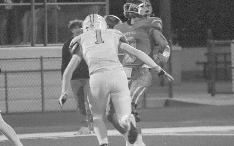 PRESSURE - Whiteface Antelope Luke Gresham pressured the Borden County Quarterback this past Friday night during the team’s district championship win on the road. (Staff photo by Aalijah Soliz)