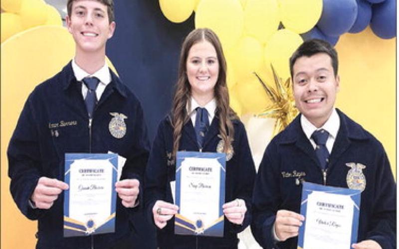 FFA SENIOR SCHOLARSHIPS— Levelland ISD held their FFA end of year honors banquet this past Tuesday. Pictured are Gunnar Barrera, Sage Barerra and Victor Reyes. (Levelland ISD photo)