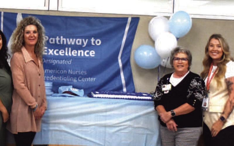 PATHWAY TO EXCELLENCE - Covenant Health in Levelland recently celebrated earning the American Nurses Credentialing Pathway to Excellence designation. Shown are Becky Currington, board member, Newman Wheeler, CAO, Kim Henry, RN, Erica Hernandez, Brooke Barrett, RN, Leslie Hackett, RN, CNO, Autumn Horne, RN, Amanda Tienda, RN, Jenny Ramos, RN and Norma Rubalcava.