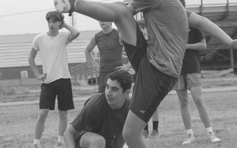 FIELD GOAL - Ropes Eagle Brett Amador punted the ball during the Ropes Eagle Football Camp this past Monday. The participants were competing to see who’s the best punter. The camp lasted from Monday to Wednesday in the mornings. (Staff photo by Aalijah Soliz)