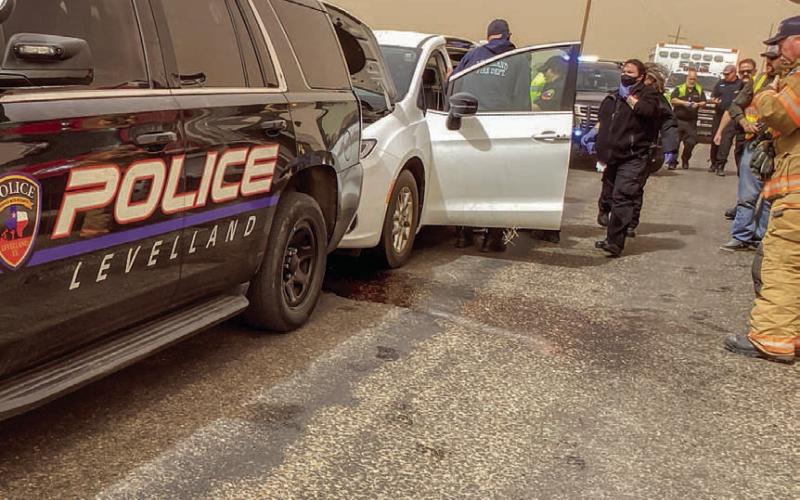 LIMITED DAMAGE - On Friday, March 14, Levelland Police Officer Moody responded to a critical call for service — a van traveling down Alamo Road southbound at an unsafe speed due to brake failure. With strong winds making the situation even more dangerous, the risk to the driver, the passengers, and others on the road was extreme. Without hesitation, Officer Moody put himself in harm’s way, positioning his marked patrol unit in front of the van to bring it to a safe stop. While both vehicles sustained minor