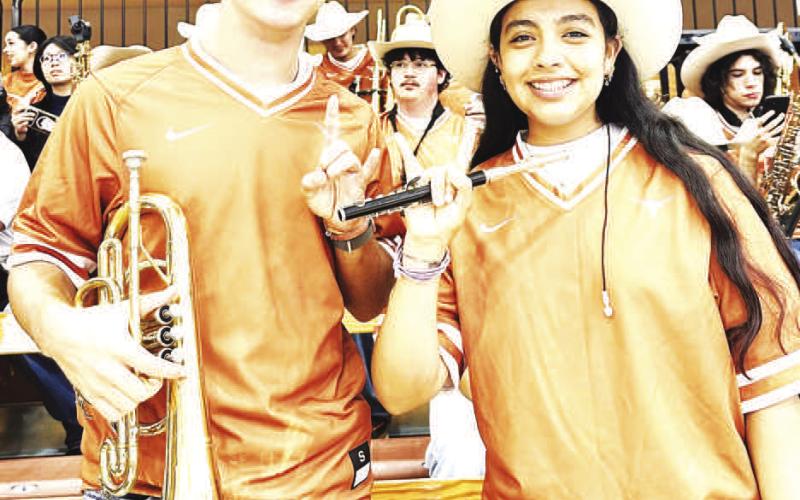 LONGHORN BAND - Two former Levelland High School students, Michelle Bustillos, LHS Class of 2024, and Nathan Ellis, LHS Class of 2026, have continued their love for music at the University of Texas at Austin. Both members of the UT Pep Band. Bustillos is also a member of the UT Longhorn Band, one of UT’s most recognized organizations. The two students are balancing college academics with rehearsals, performances, and the commitment that comes from the organizations. (submitted photo)