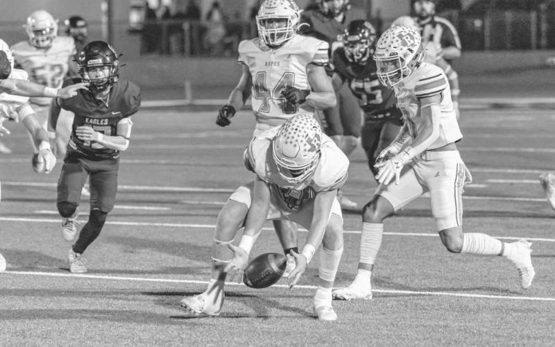 FUMBLE - Ropes Eagle Brady Bryan scooped the ball up on a fumble for a touchdown this past Friday night in Snyder against Sterling City in the team’s win. (Photo courtesy of Donovan Martin)