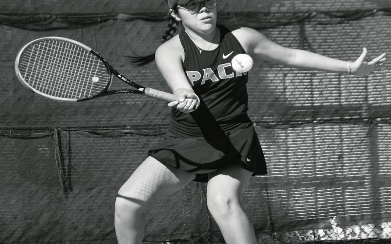 SEND IT BACK - Levelland tennis senior Madison Almager gets ready to send the ball right back at her opponents this past Tuesday during a match against Frenship Memorial. (Staff photo by Jentezen Smith)