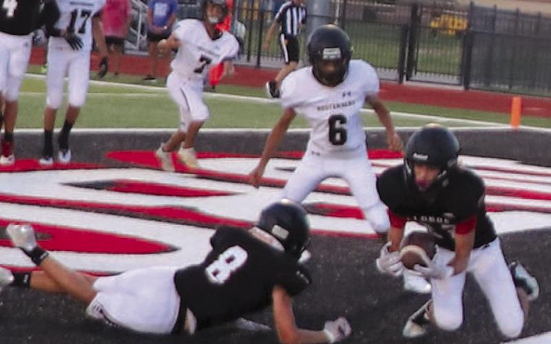 DIVING CATCH- The Levelland junior varsity football team came up short 34-20 at home against the Lubbock High Westerners. Levelland receiver Jacob Swain is pictured making a diving catch in the endzone The Lobos with be on the road at Estacado next Thursday. (Staff Photo by Shawn Franklin)