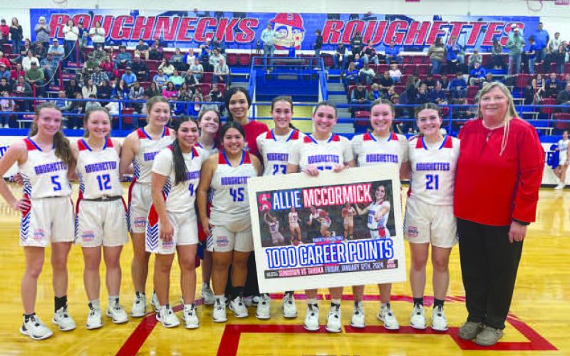 TEAM - Sundown Varsity Girls Head Basketball Coach, Kim Watson, honored and celebrated, Junior- Allie McCormick, for earning her 1,000th Career Point as a Sundown Roughette! Allie came into the District game with Tahoka with 994 career points… and will now join the 1,000 point club as a Junior, with many games left to play for the Roughettes! We are so very proud of Allie! Congratulations from your Sundown Family! (Photo courtesy of Sundown ISD)