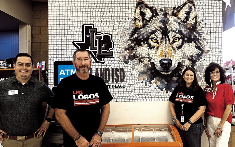 Uniting Community - United Supermarkets recently put Levelland ISD and South Plains College on their wall for shoppers to see and as a reminder that schools and community are truly connected. Shown are United Manager Lance Gonzalez, LMS Assistant Principals Bradley Brunson and Mandy Leach, and LISD PR Specialist Cristal Isaacks.