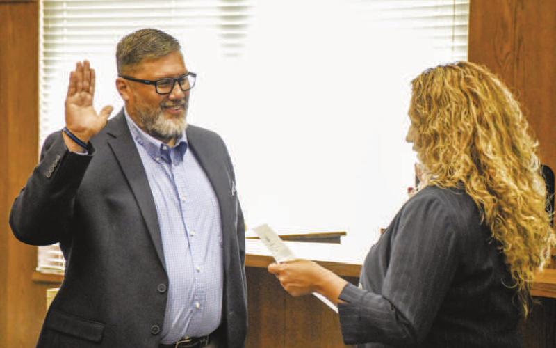 COCHRAN COUNTY SHERIFF - Pictured is Jody Guerra being sworn-in as the new Cochran County Sheriff on Saturday. Cochran County Justice of the Peace Savannah Cavezuela administered the Oath of Office. Guerra is taking over for Interim-Sheriff Scott Prothro after former Cochran County Sheriff Jorge de la Cruz passing in November. (Staff photo by Dom Puente)