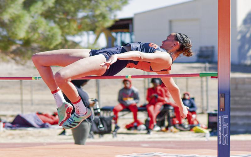 HIGH JUMPING MACHINE - South Plains College’s Rachel Coudrec clears the high jump bar during a jump attempt at the SPC West Texas Shootout this past Saturday at the South Plains College track facility. Coudrec currently ranks ninth in the NJCAA High Jump rankings. (Staff photo by Jentezen Smith)