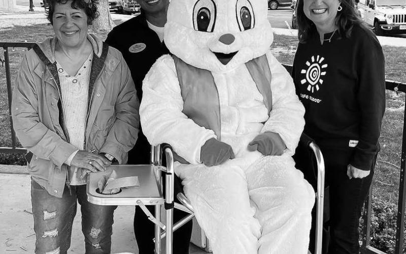EASTER BUNNY! - It was a fun filled Saturday last week for the Levelland and surrounding communities as egg hunts and Easter bunnies were found throughout the area. Pictured from left to right are: Christine Mitchell, Roxanne Gonzales, Rick Wooten and Tammie Franklin. (Photo courtesy of Levelland Main Street)