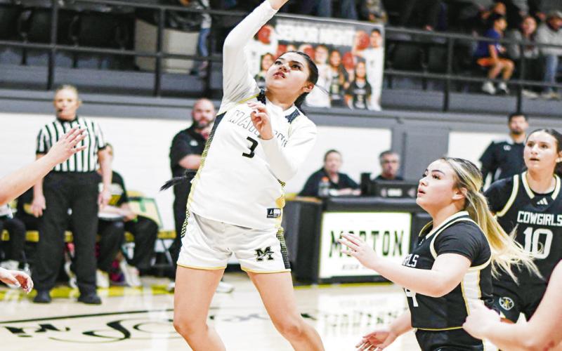 FLOATER GAME - Morton Maiden Blaize Garza shoots a floater during their district game against Plains this past Tuesday at Morton High School. (Staff photo by Jentezen Smith)