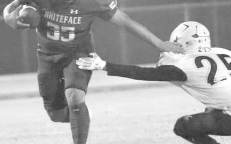 STIFF ARM - Damian Castaneda had two touchdowns and a 19-yard kick return to help the Whiteface Antelopes to a 68-0 UIL District 3-1A1 high school football home win over the Wellman-Union Wildcats last Friday. Whiteface will go up agains the Meadown Broncos this Friday on the road at 7:30 p.m. (Photo by Holly Crutcher)