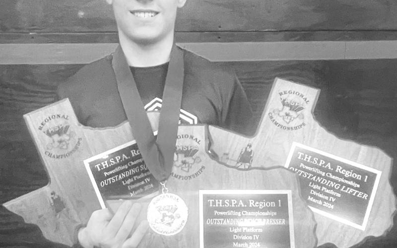 REGIONAL CHAMP - Cash Crutcher from Whiteface is a State Qualifier as he set new record in three different categories for his 114lb weigh class with a 420lb squat, 315lb bench and new total with 1055 lbs to become the regional champion. He was also named Outstanding Lifter on Light Weight Platform. He will be competing at State on March 23, in Abilene. (Photo submitted by Holly Crutcher)