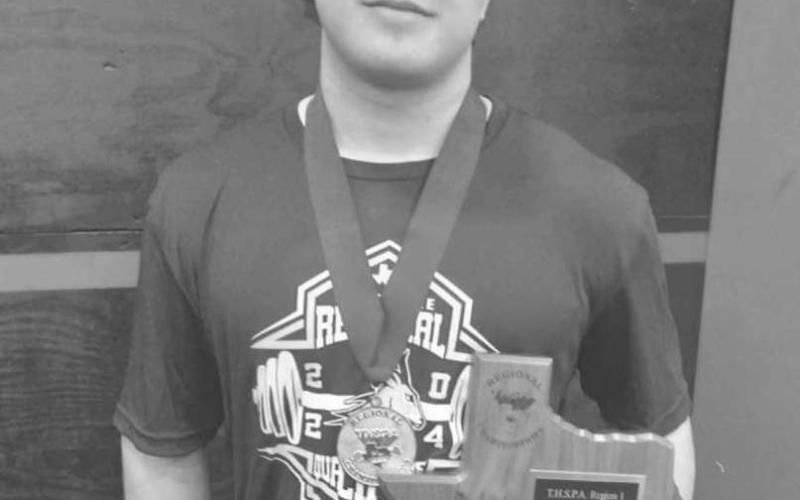 REGIONAL CHAMP - Whiteface Antelope Luke Brooker in the 198 lb weight class broke two records at their powerlifing meet, the first record was bench which he holds at 445 lbs and the second record was the total which he set for 1520 lbs. He had a 550 lbs squat and a 525 lbs deadlift to help propel him to be the regional champion. He will be competing at State March 23, in Abilene. (Photo submitted by Holly Crutcher)