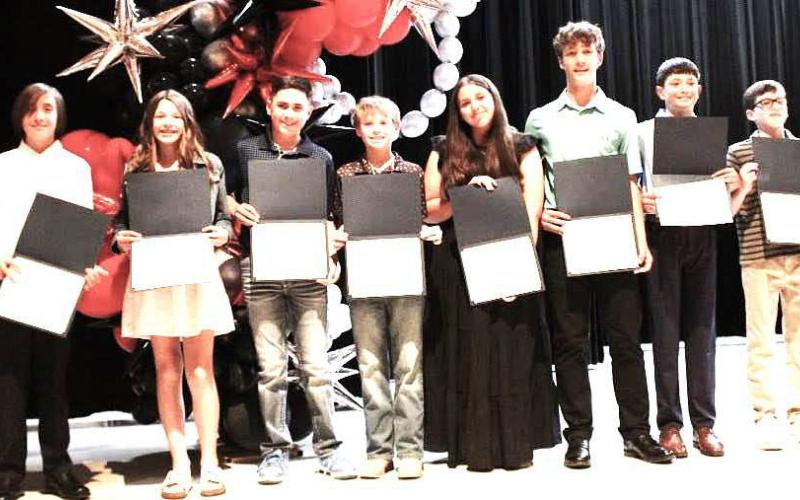 LMS NHS INDUCTEES-- 2025–2026 Levelland Middle School National Junior Honor Society inductees Braxton Bray, Micah Favor, Rebel Hill, Hayes Howard, Jazzi’Lynn Lawson, Mason Swain, Ian Tucek and Joey Wheeler. (Levelland ISD photo)