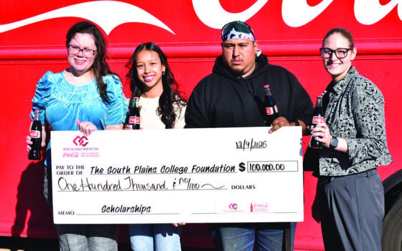 FIRST-GENERATION- Arca Continental Coca-Cola Southwest Beverages awarded South Plains College $100,000 of scholarship funding to support 20 first-generation college students. Pictured from the left are SPC’s Samantha Goldie, scholarship recipients Julia Posadas of Sundown and Robert Abeyta of Littlefield, and SPC’s Ashley Davis. (SPC Photo)