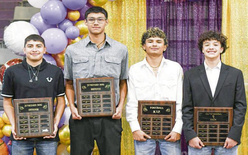 FOOTBALL AWARDS - Most Valuable Player: Shooter Campos, Outstanding Back: Isaiah Alafa, Outstanding Offensive Player: Zian Martinez and Outstanding Defensive Player: Xavi Avalos. (Staff photo by Jentezen Smith)