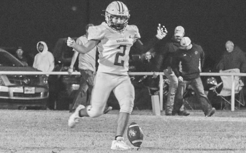 KICKOFF - Anton Bulldog Zian Martinez kicked the ball off to the Whitharral Panthers this past Friday during both team’s district game. (Staff photo by Aalijah Soliz)