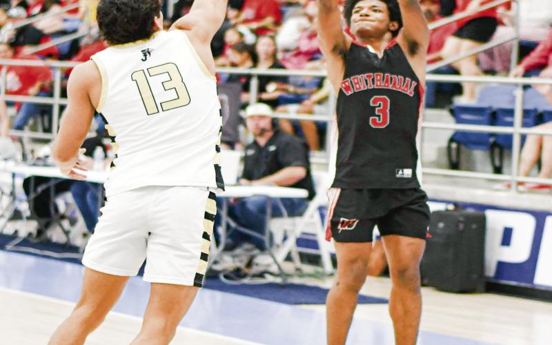 THREE-POINT THREAT - Whitharral Panther Brent Robinson lets a three-pointer fly as a Jayton defender closely contests the shot during their playoff game this past Monday night at Frenship Memorial High School. Robinson would end the game with six points. (Staff photo by Jentezen Smith)