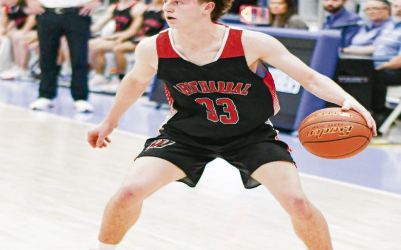 SCAN THE COURT - Whitharral Panther Cooper Burns scans the court to find an open teammate while his Head Coach Brett Berger watches behind him during their playoff game against Jayton this past Monday night at Frenship Memorial High School. (Staff photo by Jentezen Smith)