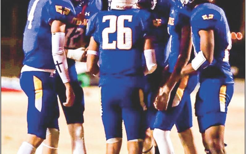 HUDDLE UP BOYS - The Whiteface Antelopes offense huddles up during their football game against Borden County this past Friday at Antelope Stadium. The offense would end with 452 yards of total offense in their 58-46 win. (Provided by Whiteface Victory Line Facebook)