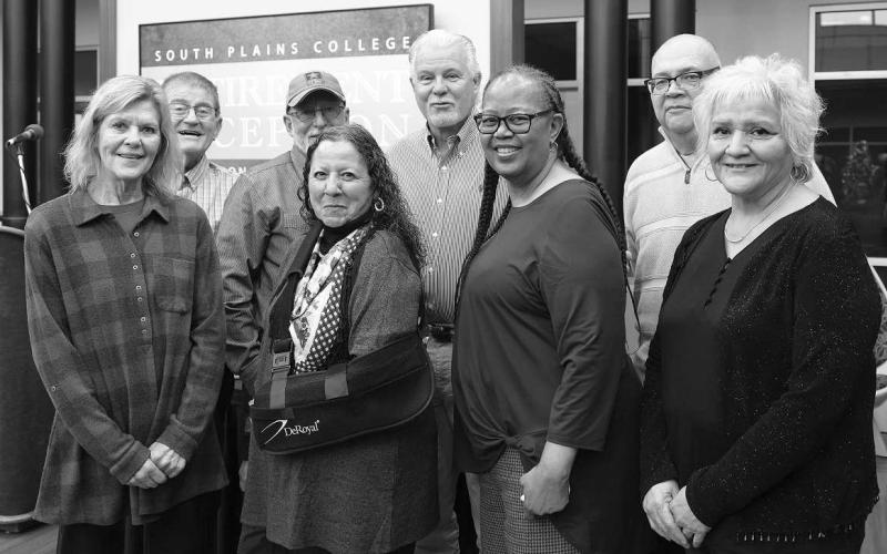 SPC 2023 RETIREES – South Plains College recently honored its 2023 Spring and Fall Retirees. Shown on the front row are, from left, Stephanie Deering, Rosa Rincones, Myrna Whitehead and Teresa Chavez. On the back row are, from left, George Hensley, Scott Parker, Dennis Churchwell and Jesse Moreno. The retirees were honored during a ceremony Thursday in the Wilburn and Helen Wheeler Science Building. (Photo courtesy of Adrian Mellberg)