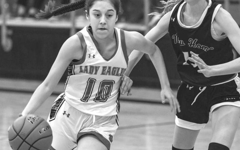 Ropes Lady Eagle Kandis Rodriguez blew past her defender last Friday night during the teams contest against the Lady Leapords. (Photo courtesy of Donovan Martin)